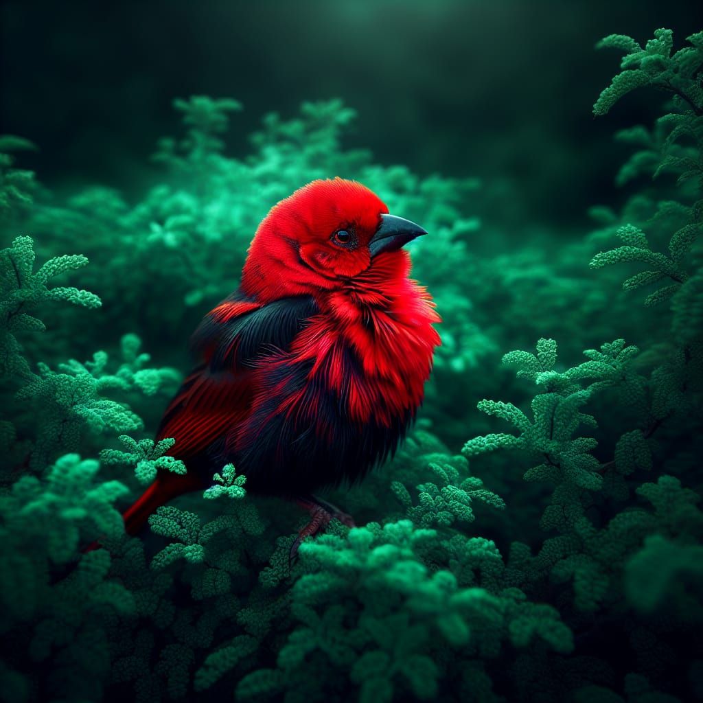 Vibrant Red Bishop in Emerald Green Bush