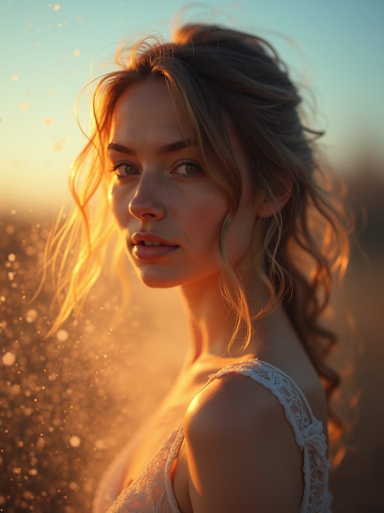 Ethereal Portrait in Golden Light, Analog Photography Style