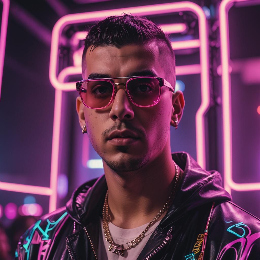 Bad Bunny Cyberpunk Portrait in Neon Style