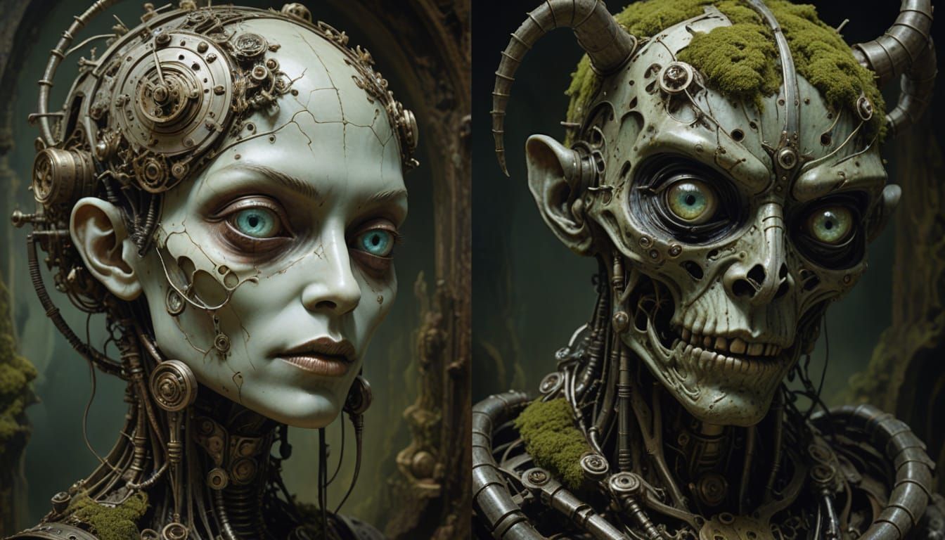 Steampunk Automaton: Dual Portrait in Digital Painting Style