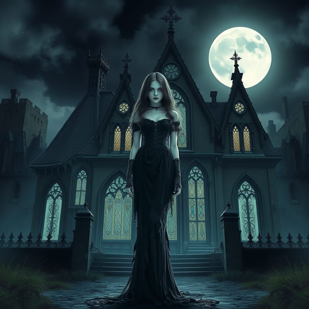 Gothic Girl and Dark Fantasy House in Macabre Style