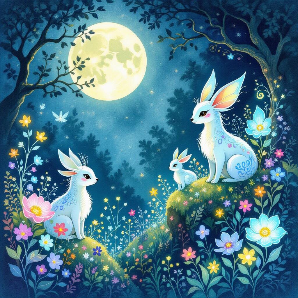 Whimsical Watercolor Creatures and Glowing Flora