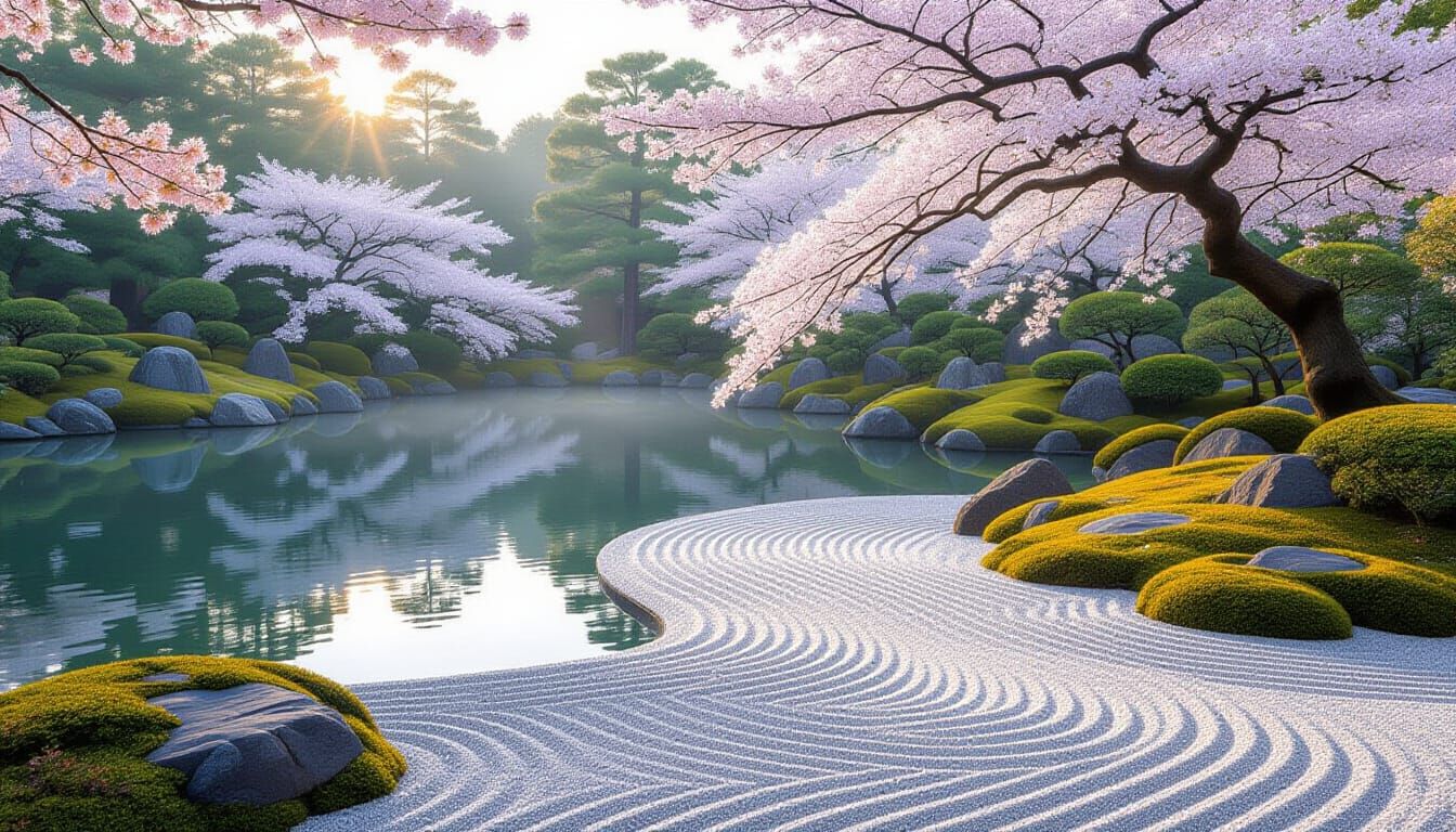 Serene Japanese Garden at Dawn with Zen Path