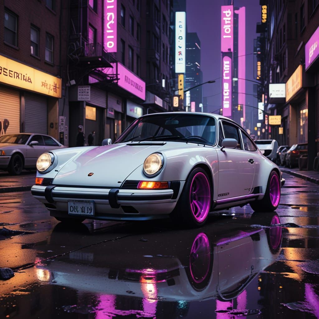 an old classic white porsche 911 neon purple rims, neon purple underglow and a cool purple flame design"parked in the mi...
