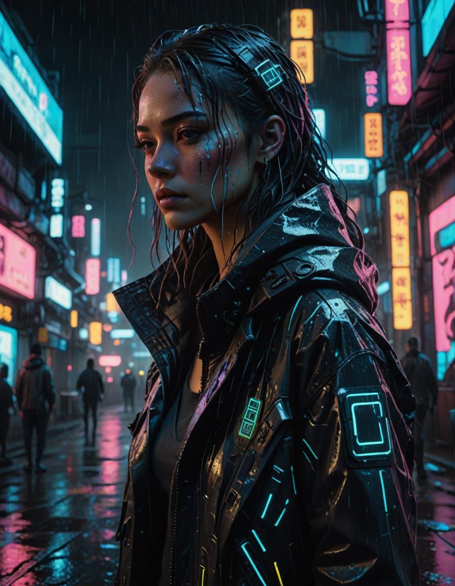 Cyberpunk Beauty in Neon Rain