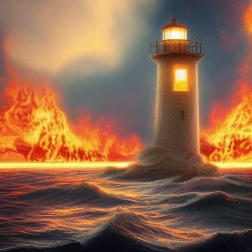 Floating Lighthouse Amidst Sea of Fire: Digital Painting