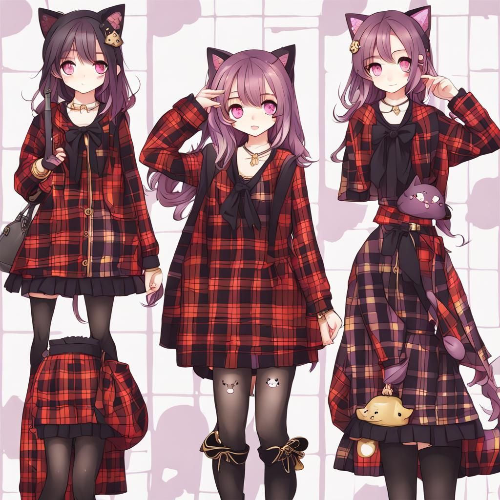 Kawaii Cat-Girl in Plaid Clothes