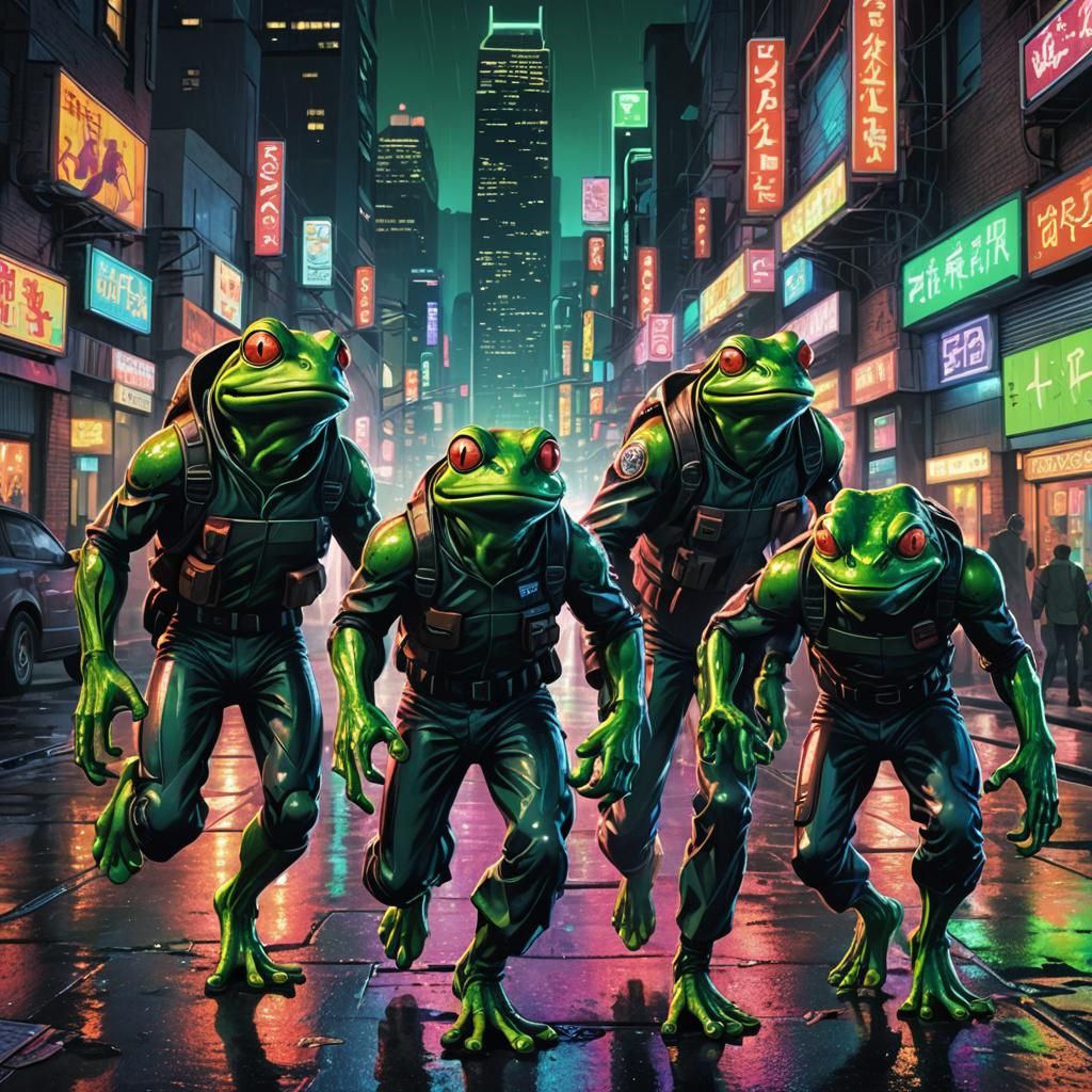 Frog-Faced Aliens Kidnap Man in Sci-Fi Cityscape