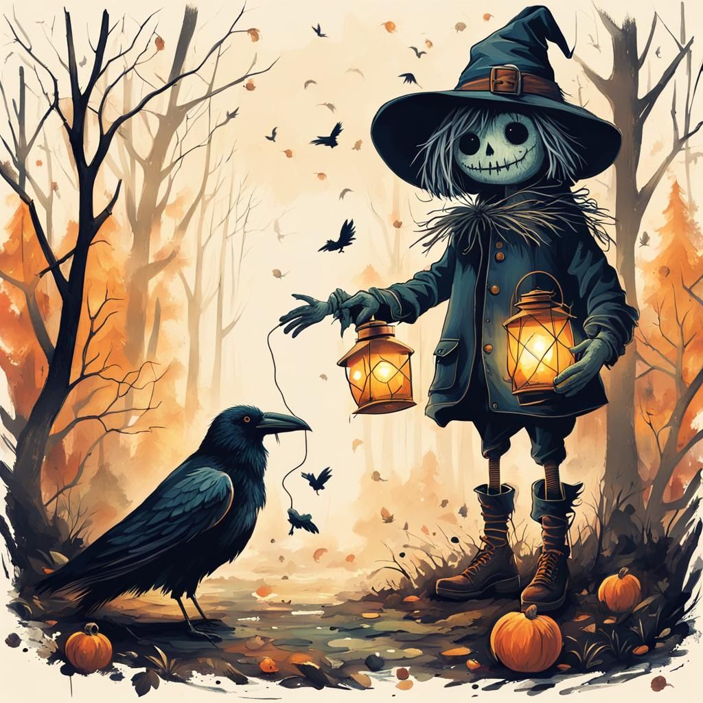 Adorable Scarecrow and Raven in Dark Forest