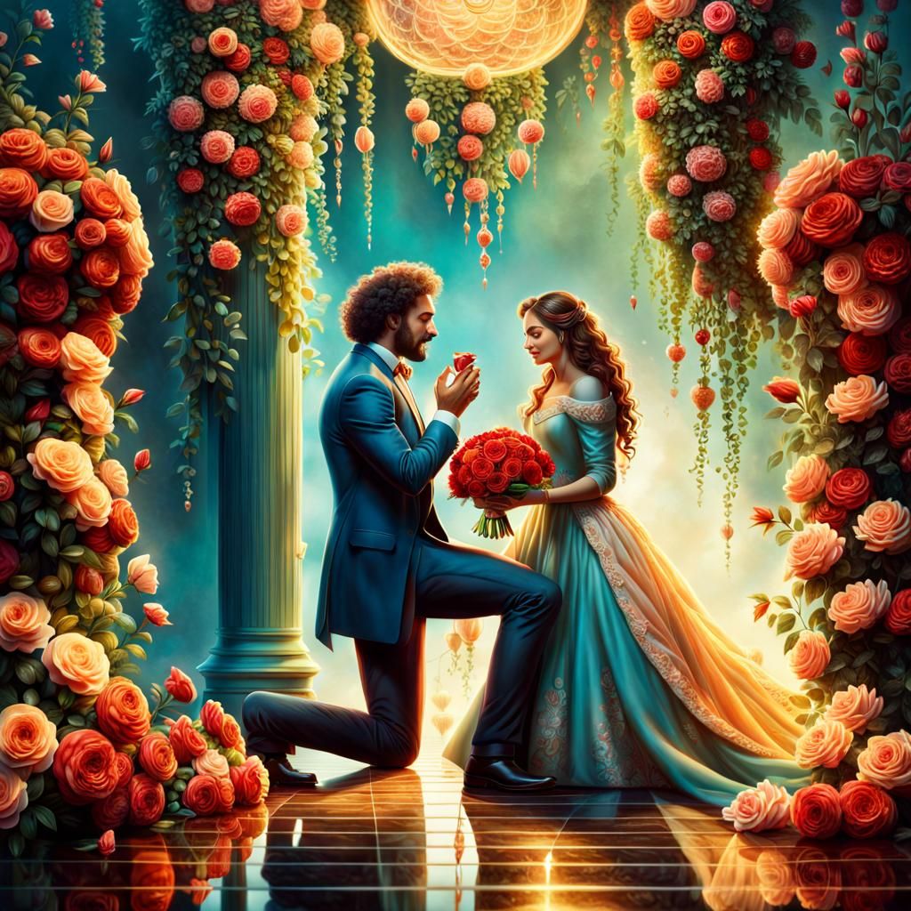 A handsome man kneels and proposes to a beautiful and tall woman, with curly hair, he holds a bouquet of roses.