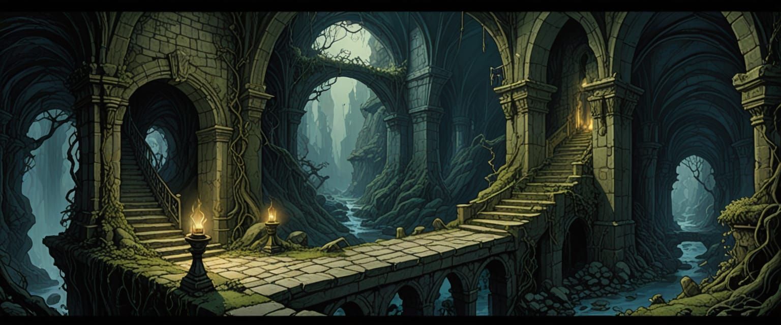 Fantasy Dungeon Map with Eerie Lighting and Detailed Element...