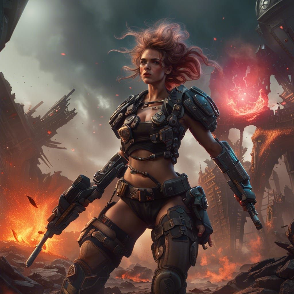 Women Soldiers Fight Death Machines: Detailed Matte Painting