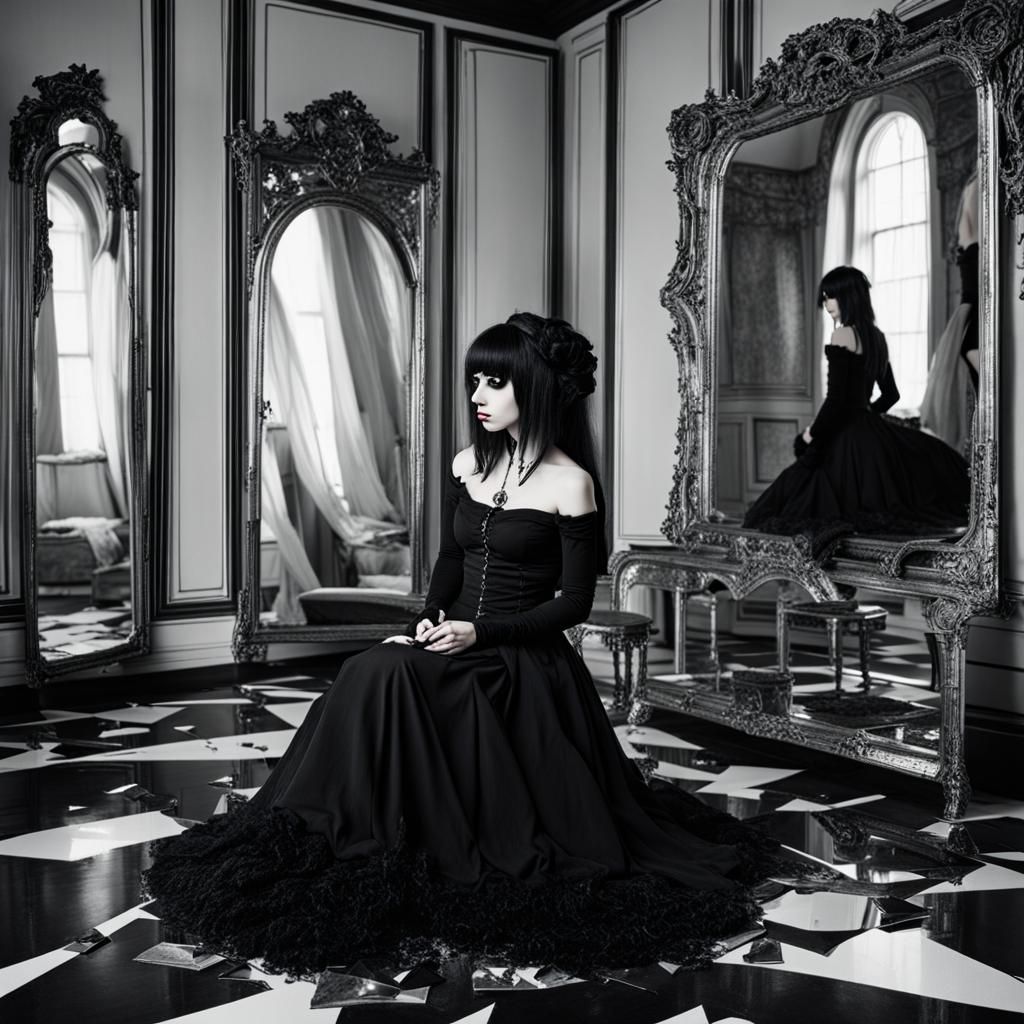Gothic Woman Reflecting in Broken Mirrors