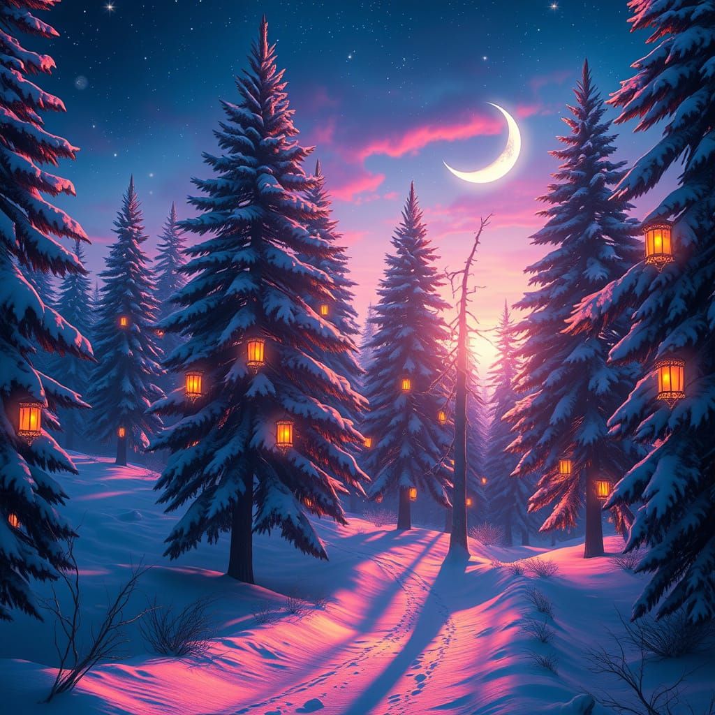 Enchanting Winter Forest with Lanterns and Twinkling Stars i...