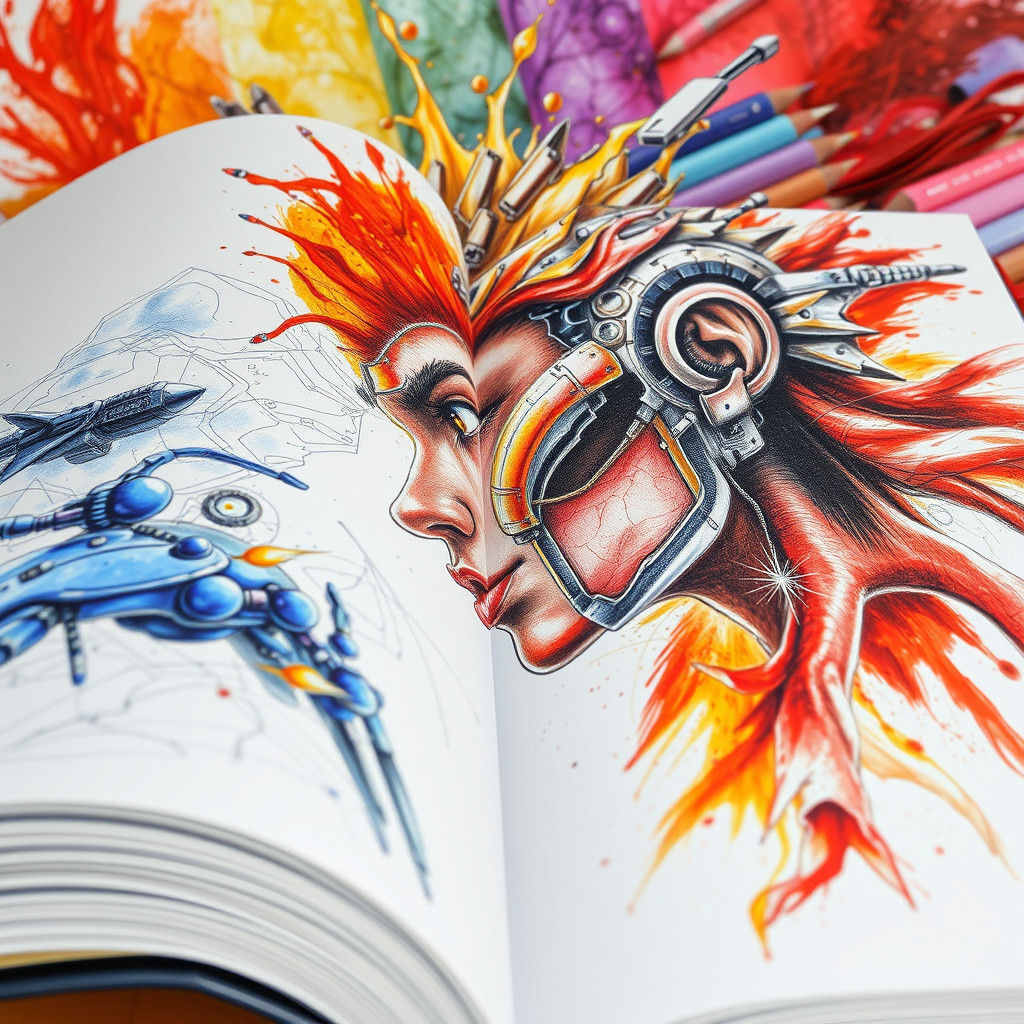 Science Fiction Novel Pencil Illustrations in Open Book
