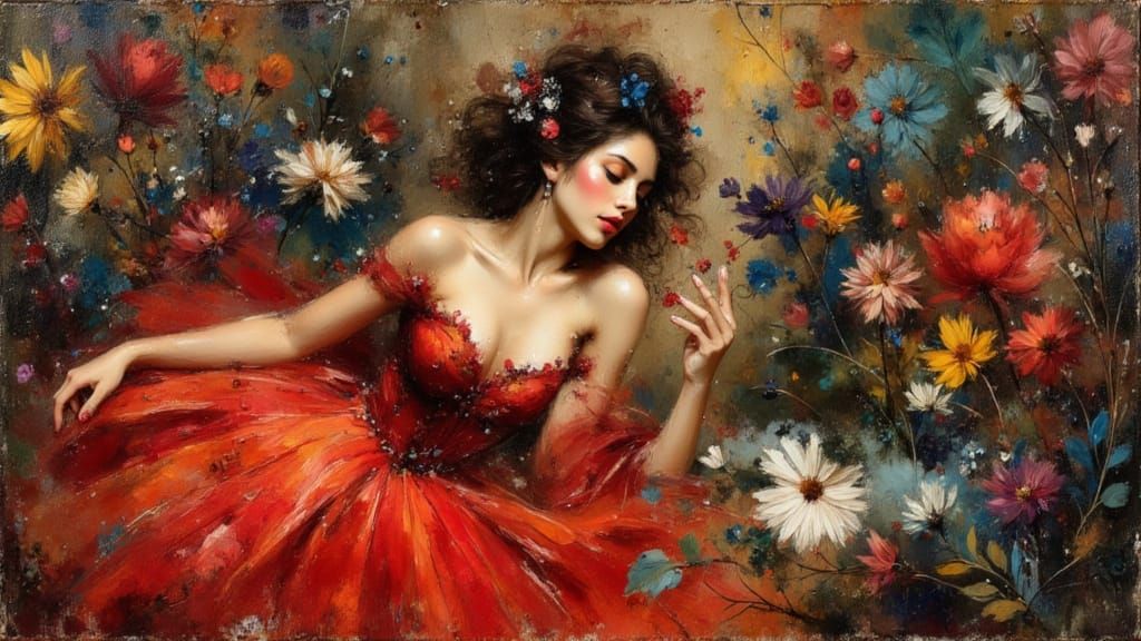 Elegant Princess in Scarlet: An Emotional Oil Painting