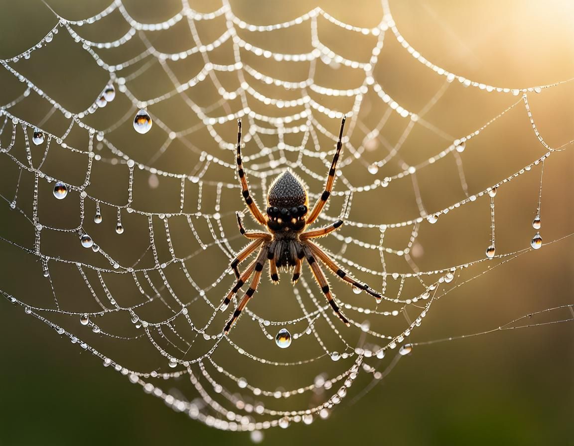 Detailed Macro Photograph of Dew Drops on Spiderweb