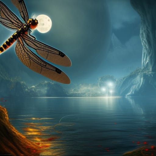 Fantastical Dragonfly Cat Moon Reflection