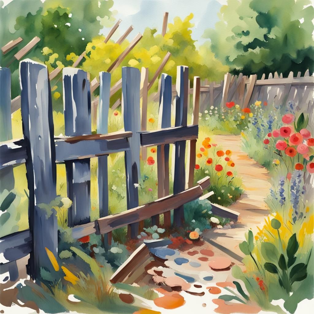 Garden with Broken Fence in Gouache Watercolor Style