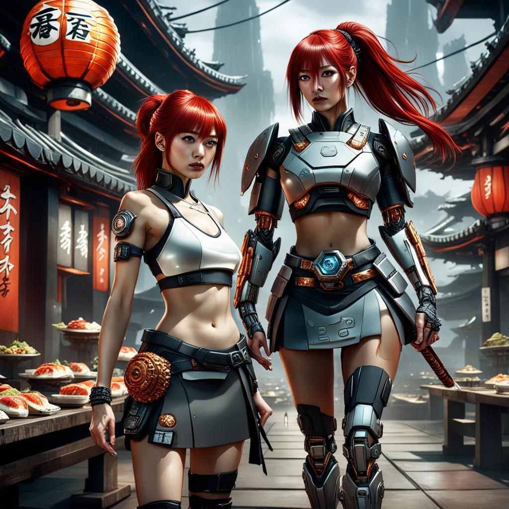 Cyborg Samurai with Girls and Sushi in Sci-Fi City
