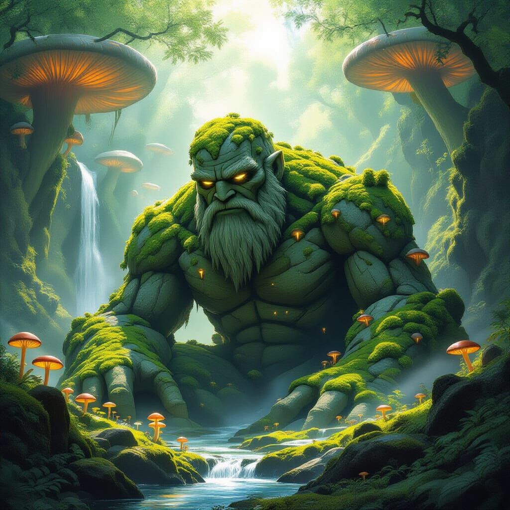 Ancient Stone Golem in Tranquil Valley