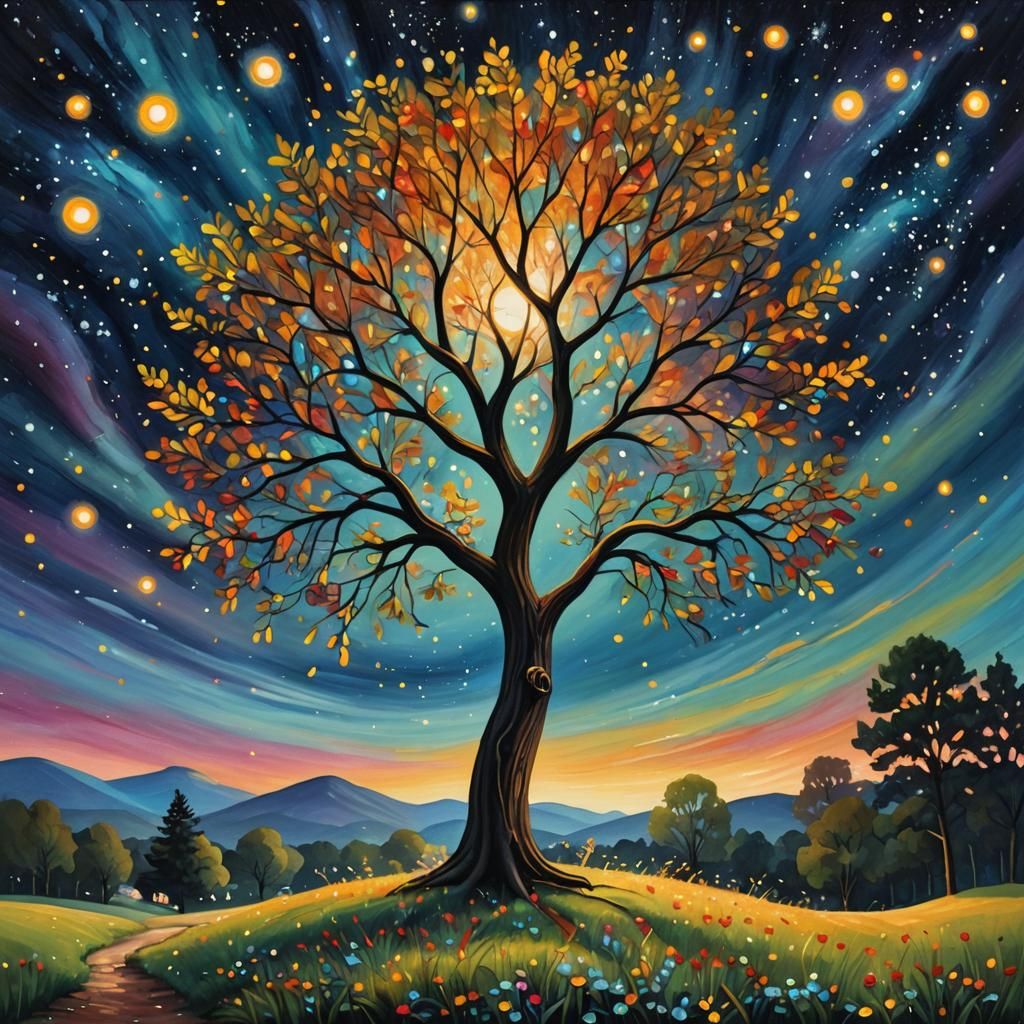 Glowing Tree Under Starry Sky in Folk Art Style