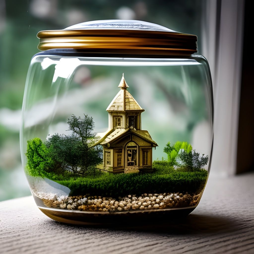 Miniature Town Inside Glass Terrarium in Hyperrealism