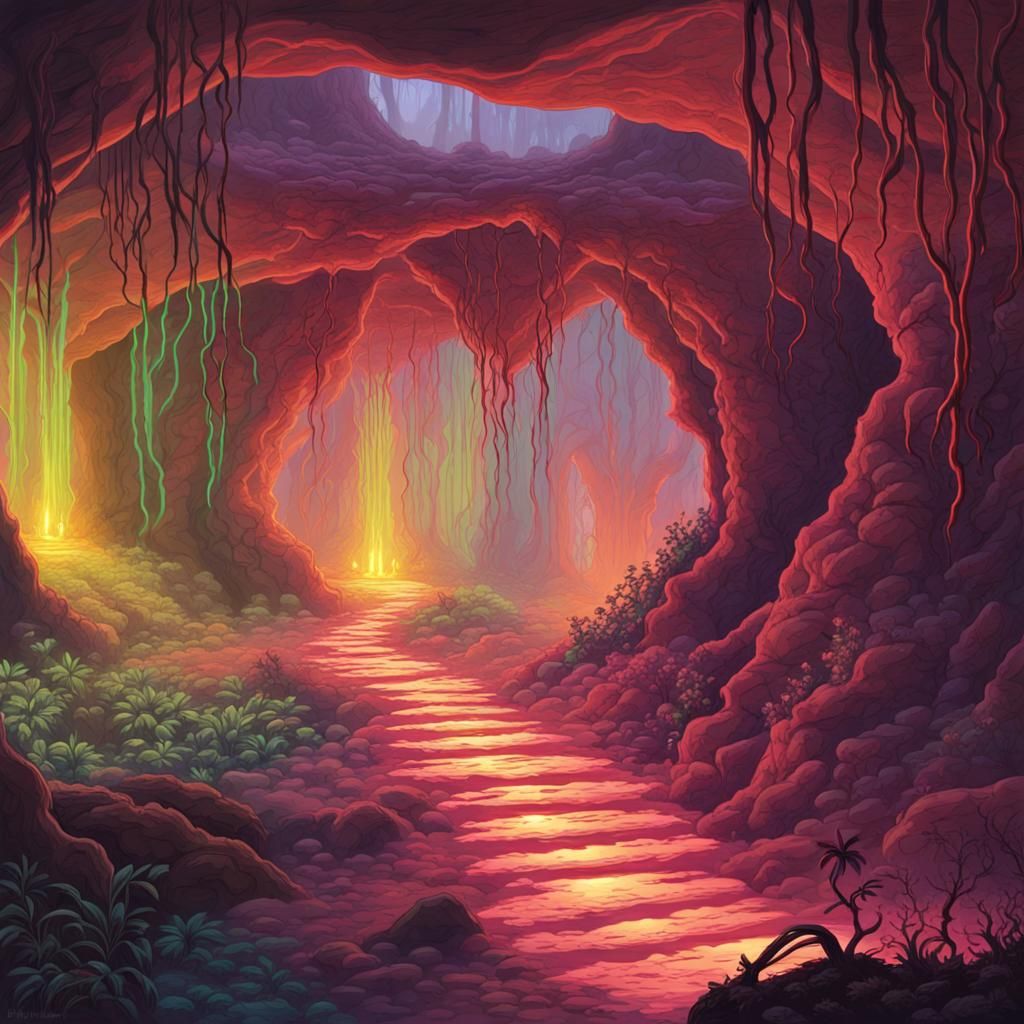 Alien Cave with Bioluminescent Vines