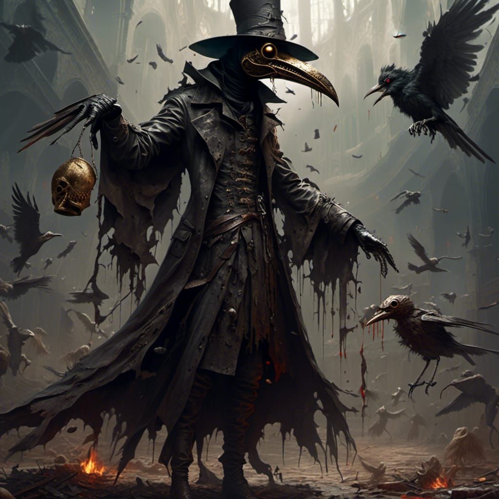 <lora:The Plague Doctor:1.0> Full-bodied plague doctor split...