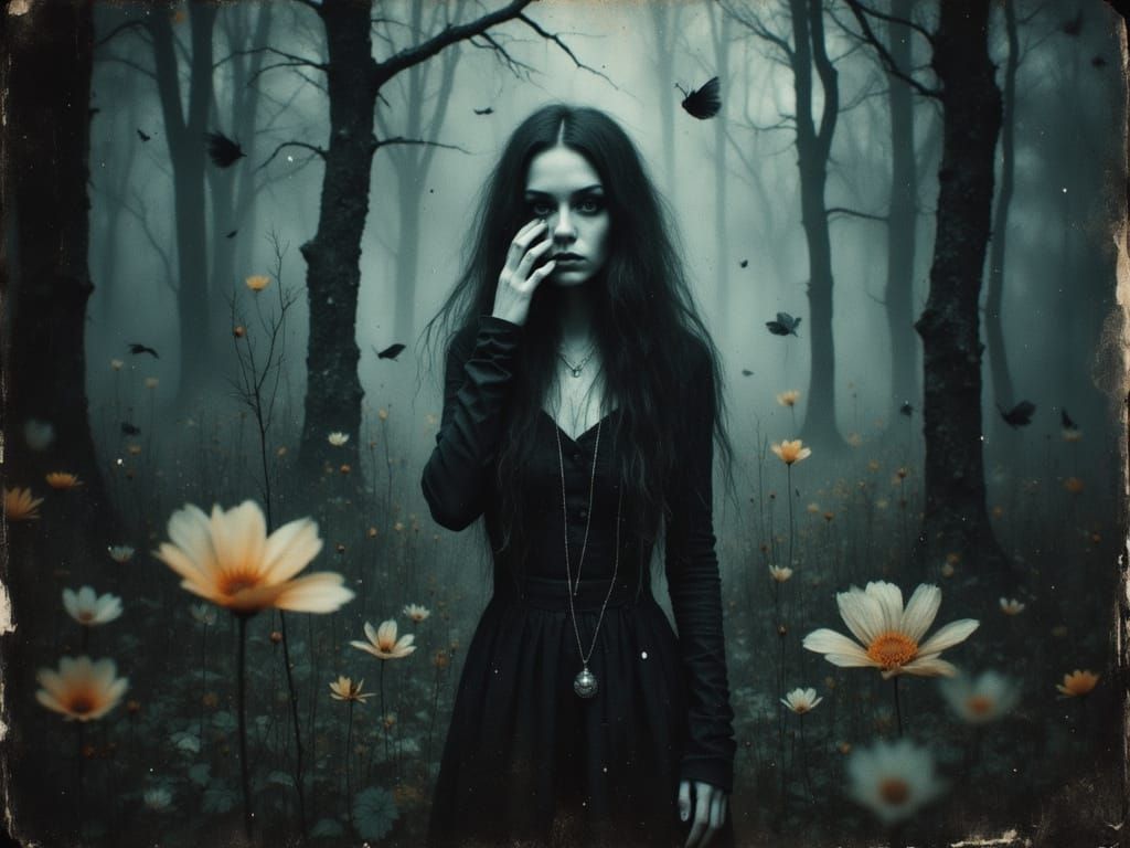Whimsical Gothic Woman in Surreal Forest