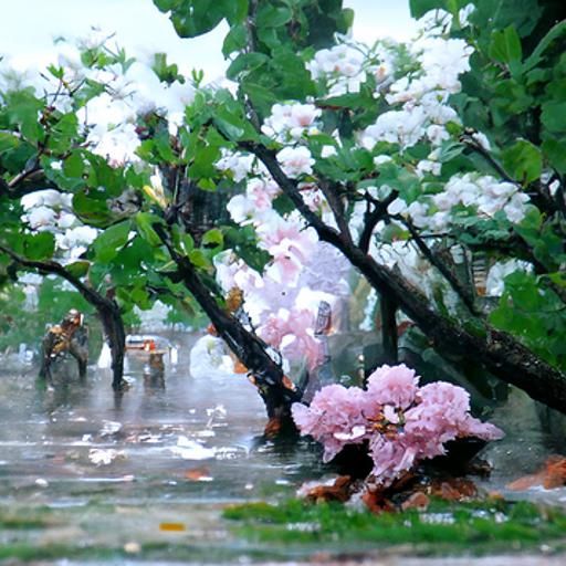 Cherry Blossoms in Thunderstorm as Oil Painting