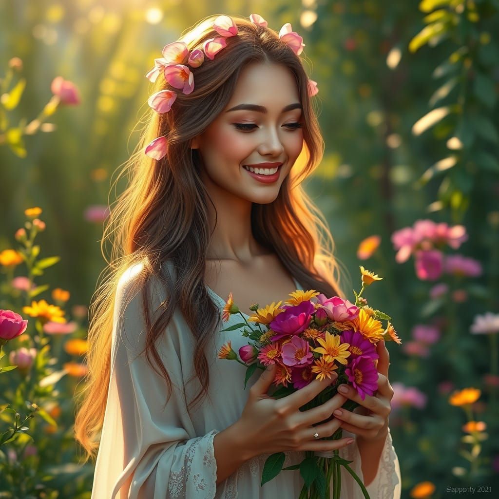 A Serene Goddess in a Whimsical Garden