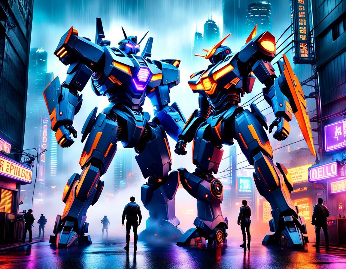 Mecha Battle in Neon Cityscape, Digital Matte Painting