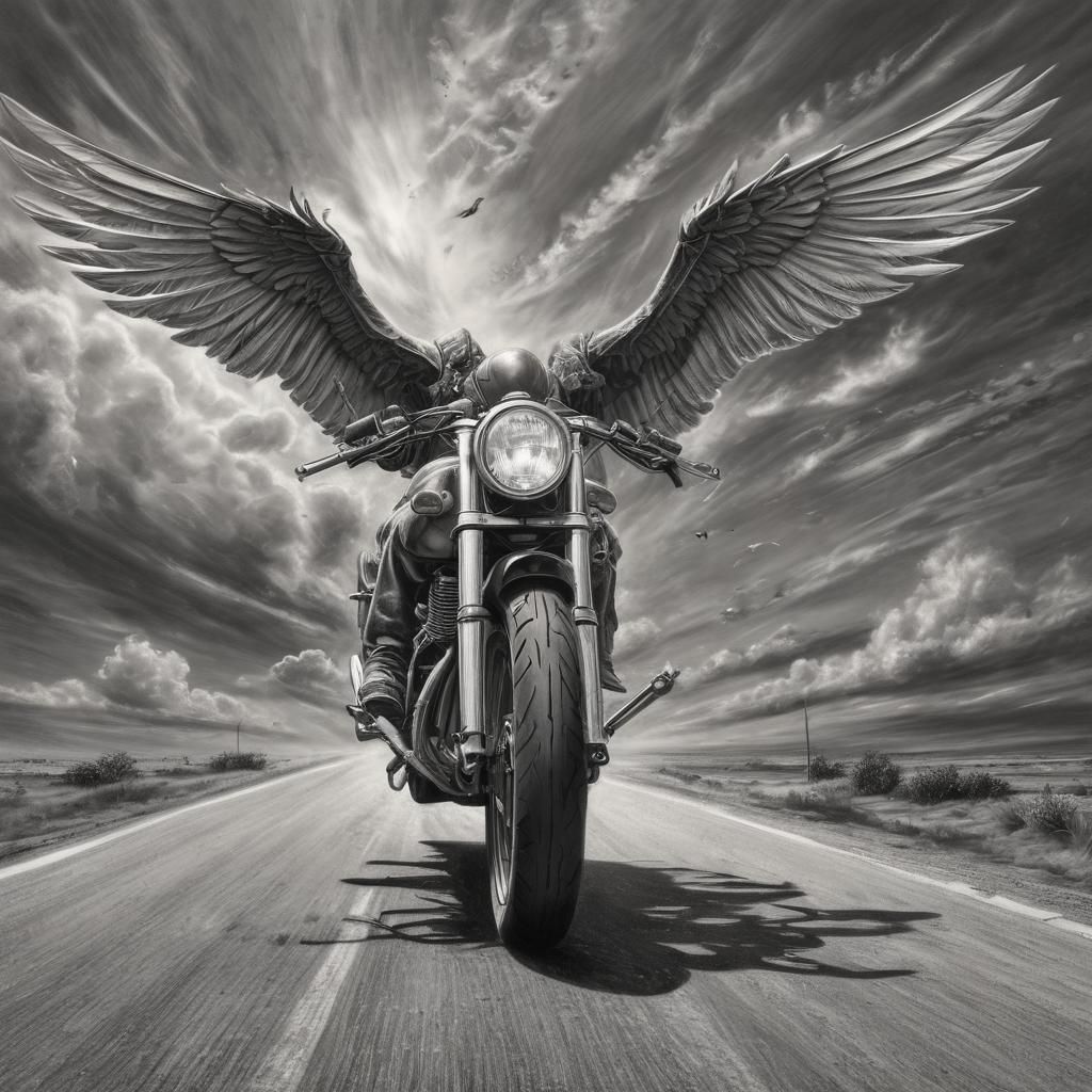 Motorcycle with Wings in Turbulent Skies