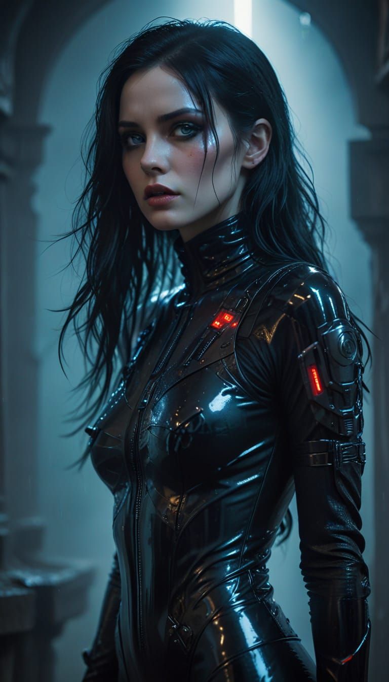 Gothic Woman in Moody, Cyberpunk Atmosphere