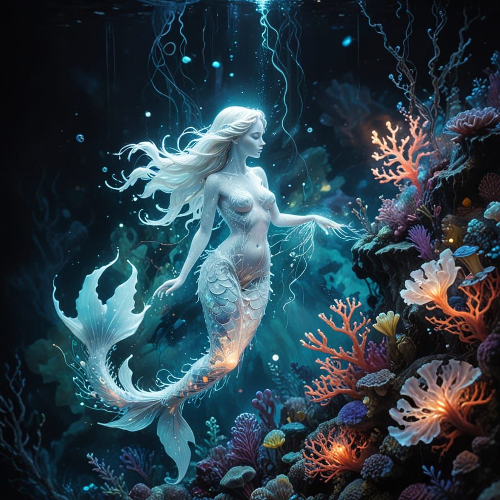 Ethereal Mermaid Silhouette in Bioluminescent Coral Reef