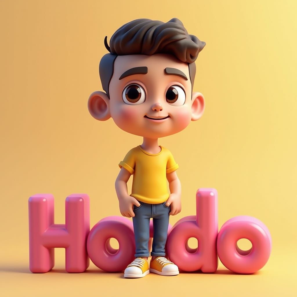 3D Chibi Man on Pink Letters with Logos