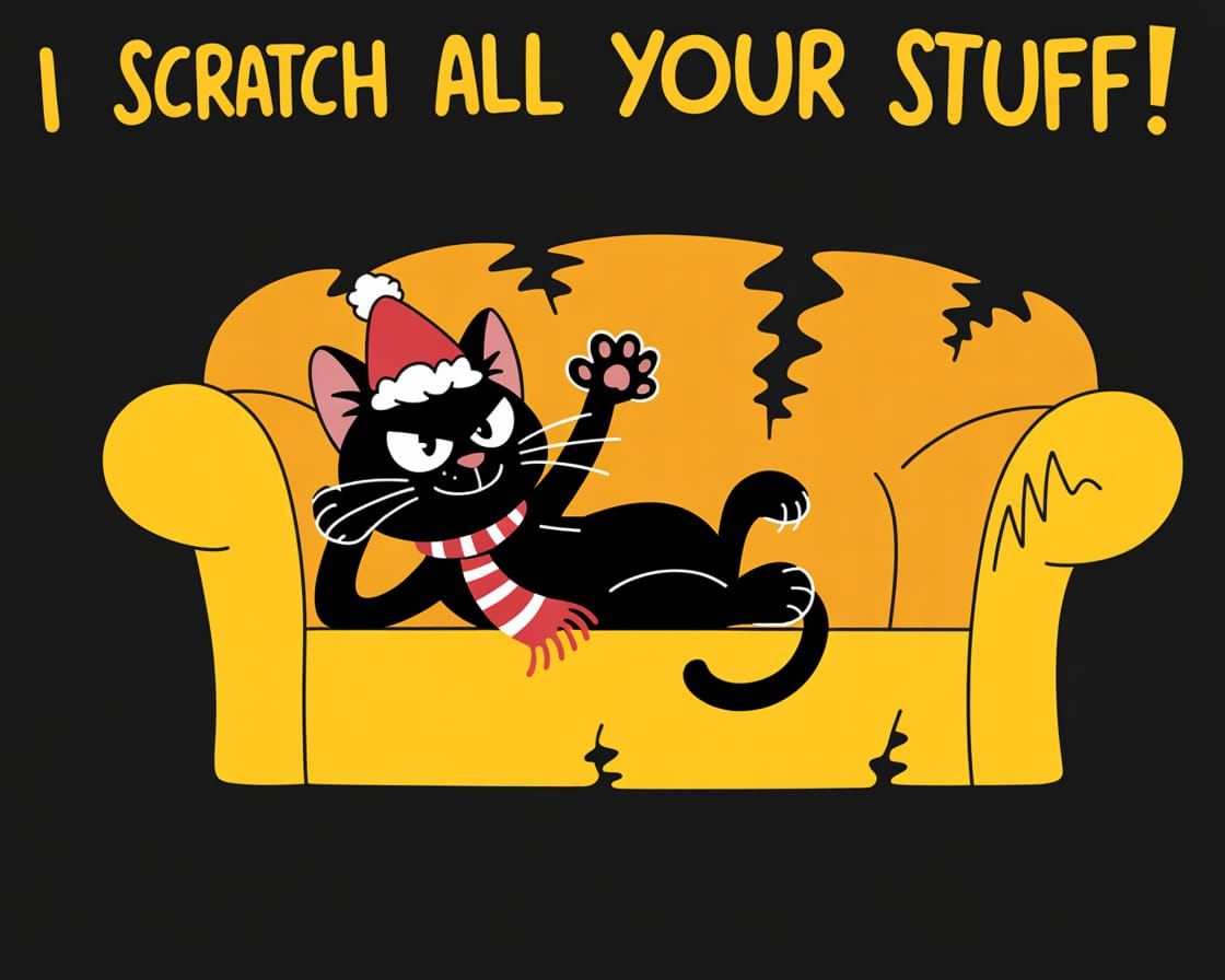 Smug Black Cat Lounges on Torn Couch in Vector Style