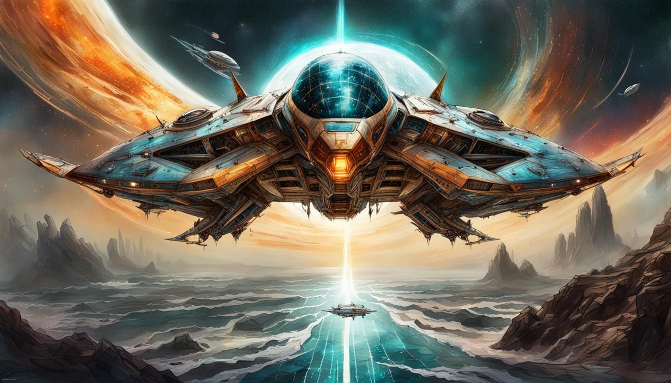 Starship Surfing a Lightning Wave, Digital Watercolor