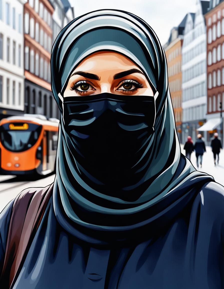 Woman with Hijab Walking in Hamburg, Digital Painting