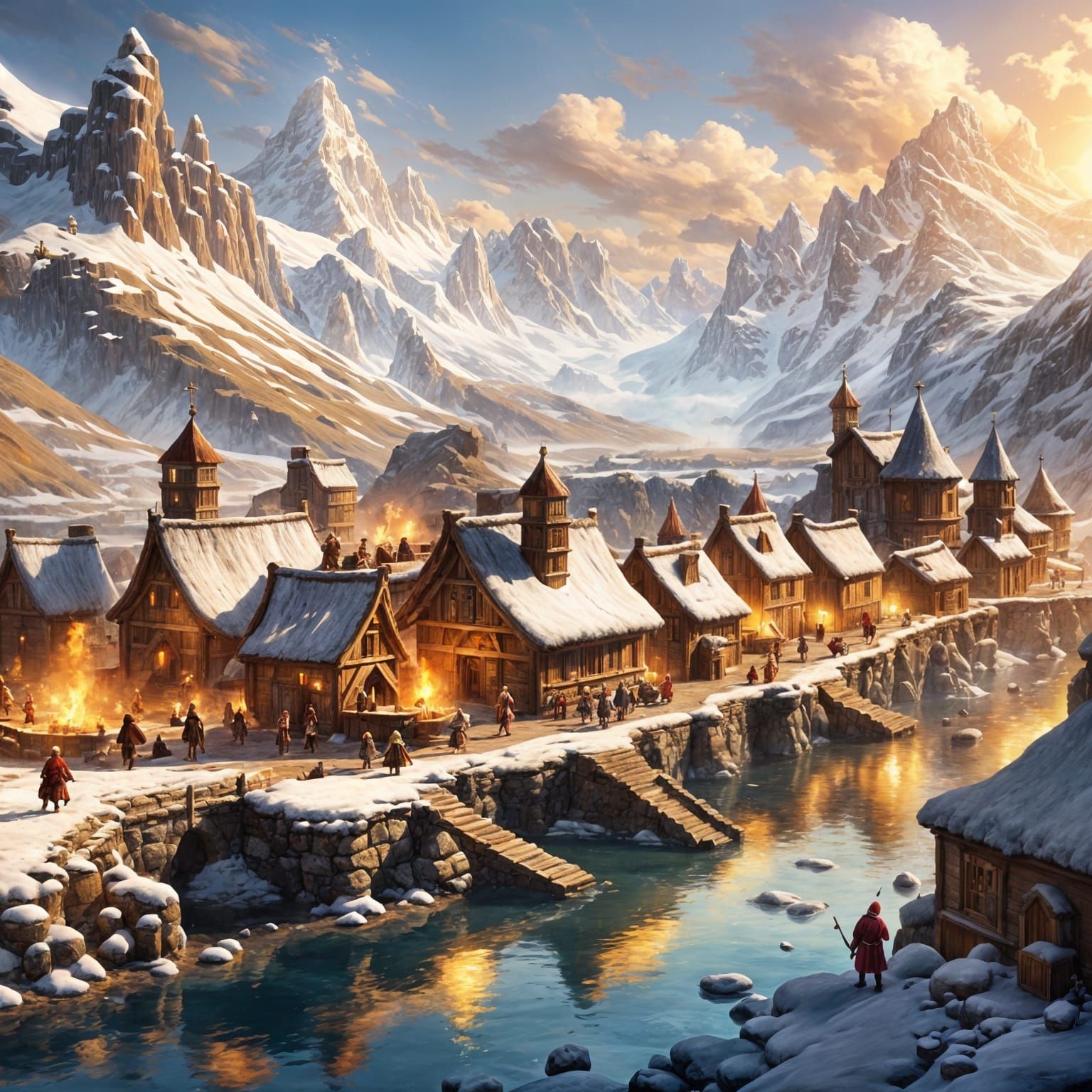 Dwarven Village Fortress in Snow Mountains, Matte Painting