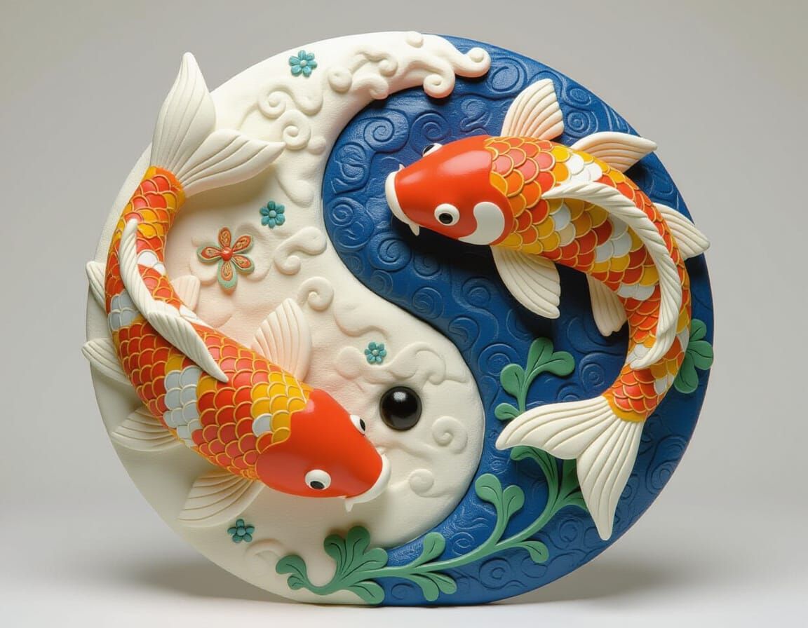 Koi Carps Yin Yang Clay Sculpture in Playful Style