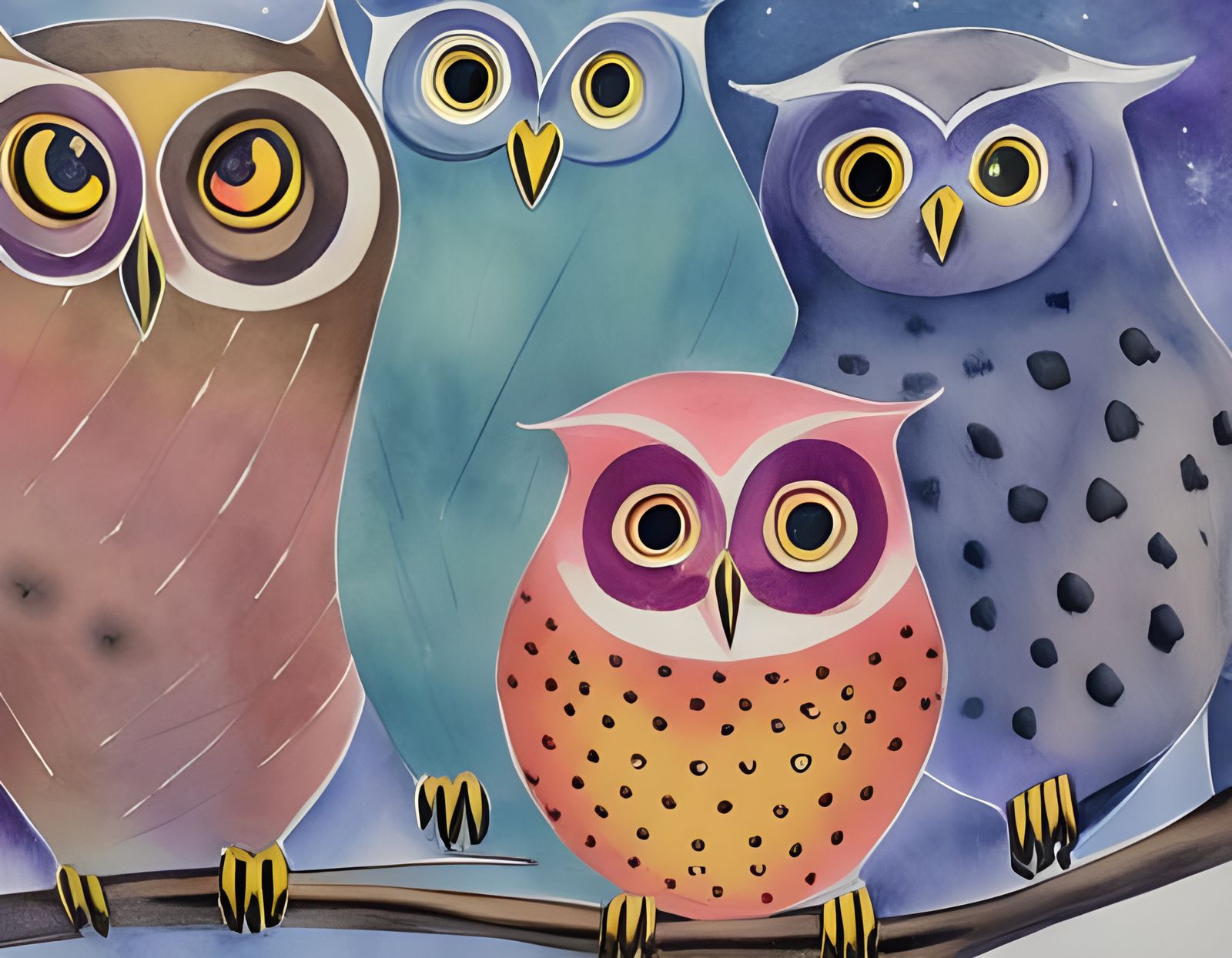 Watercolor Owls on Black Paper