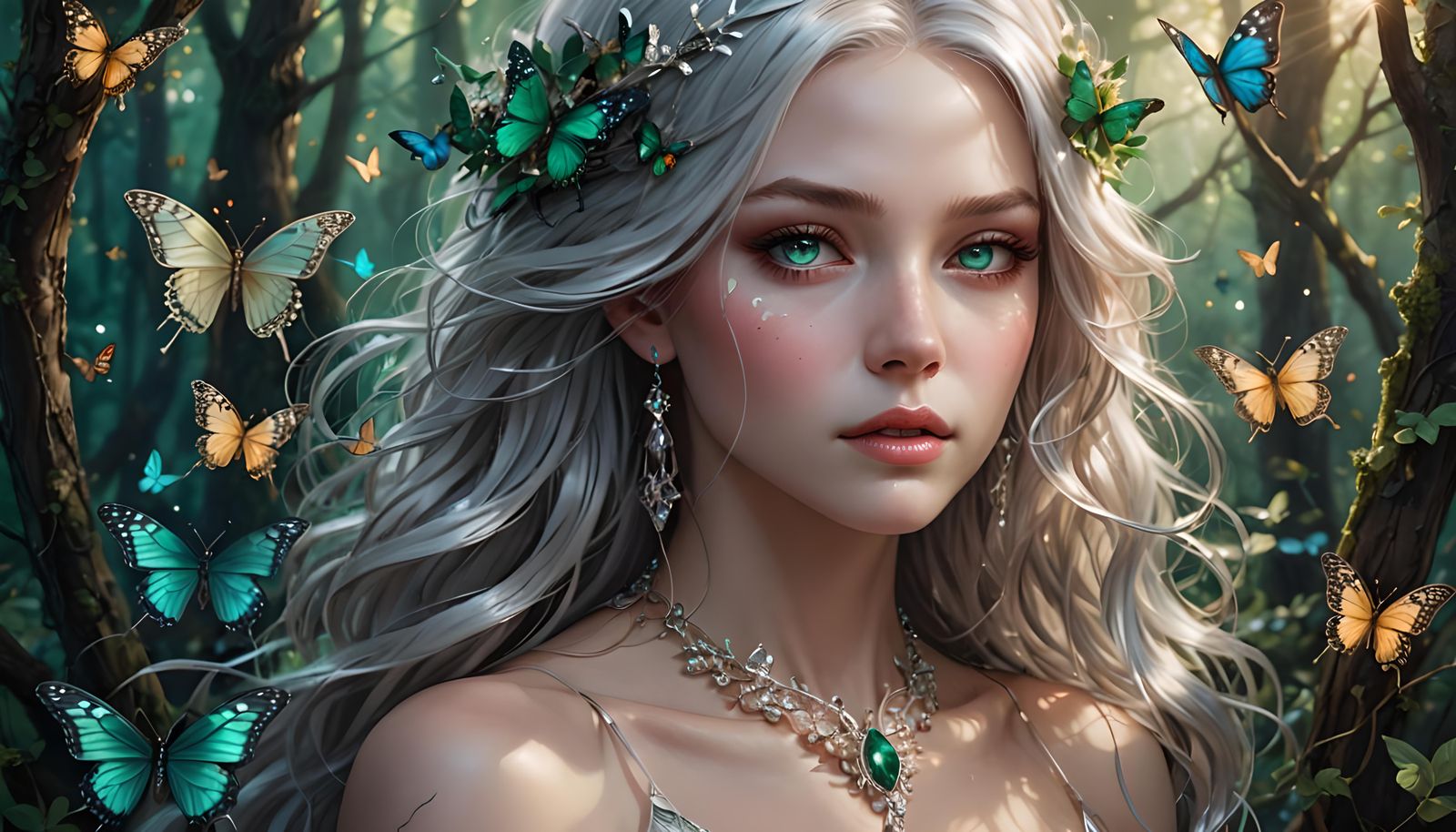 Ethereal Woman Portrait with Silver Hair and Butterflies