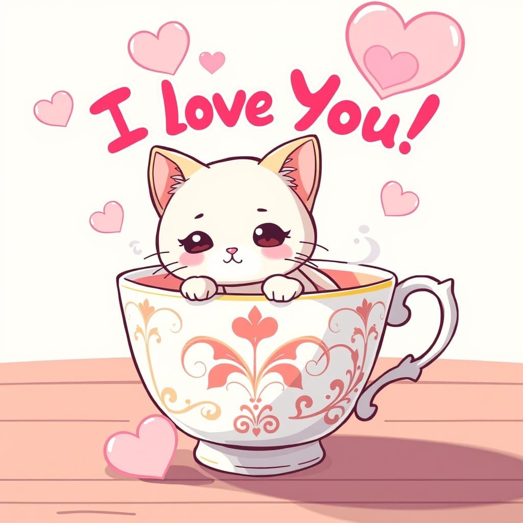 Chibi Cat in Delicate Teacup, Surrounded by Hearts