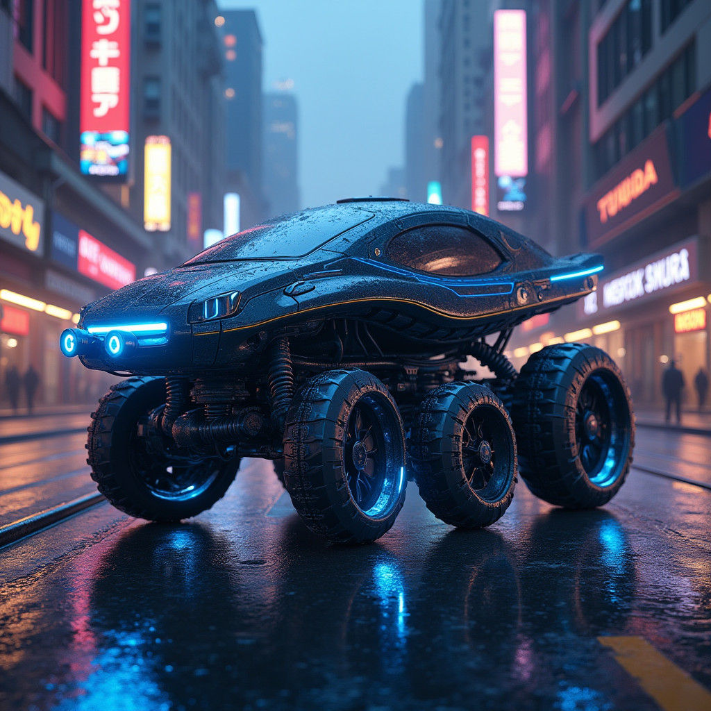 Futuristic Car in Dystopian Cityscape