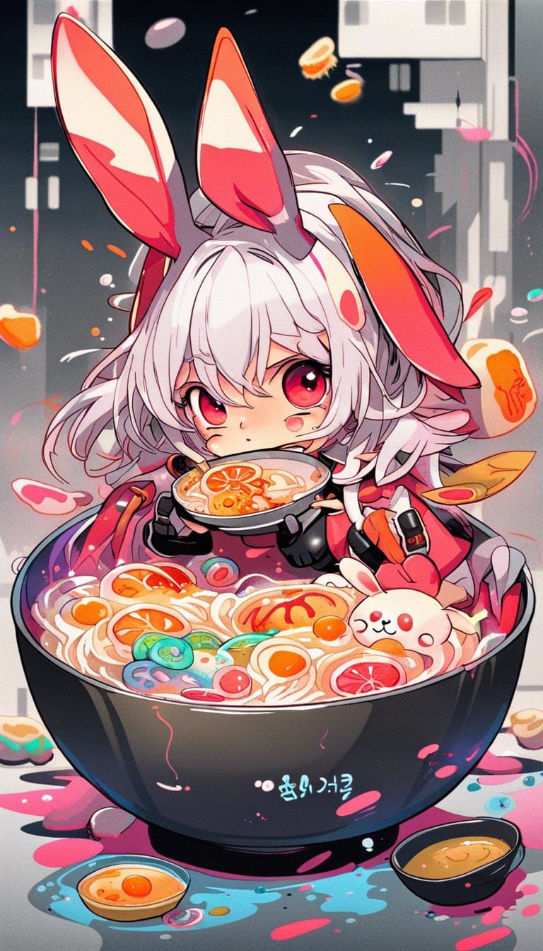 Cyberpunk Chibi Rabbit Girl in Ramen Bowl