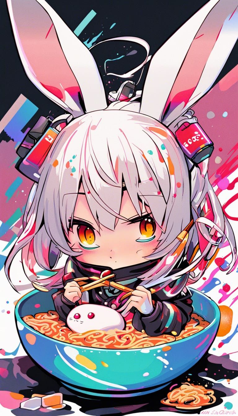 Cyber Rabbit Girl in Ramen: Anime Graffiti Art