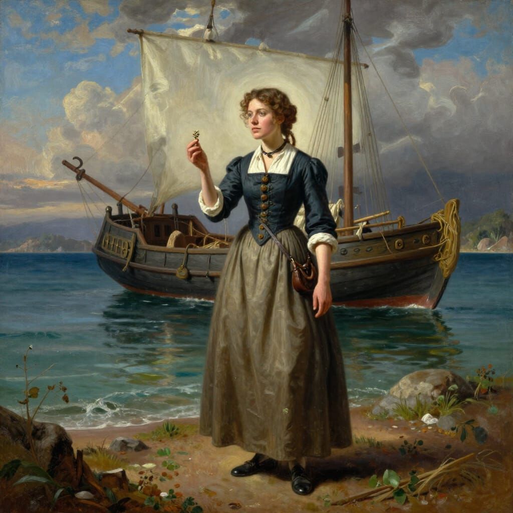 Colonial Woman Arrives on New Shore in Oil Painting Style