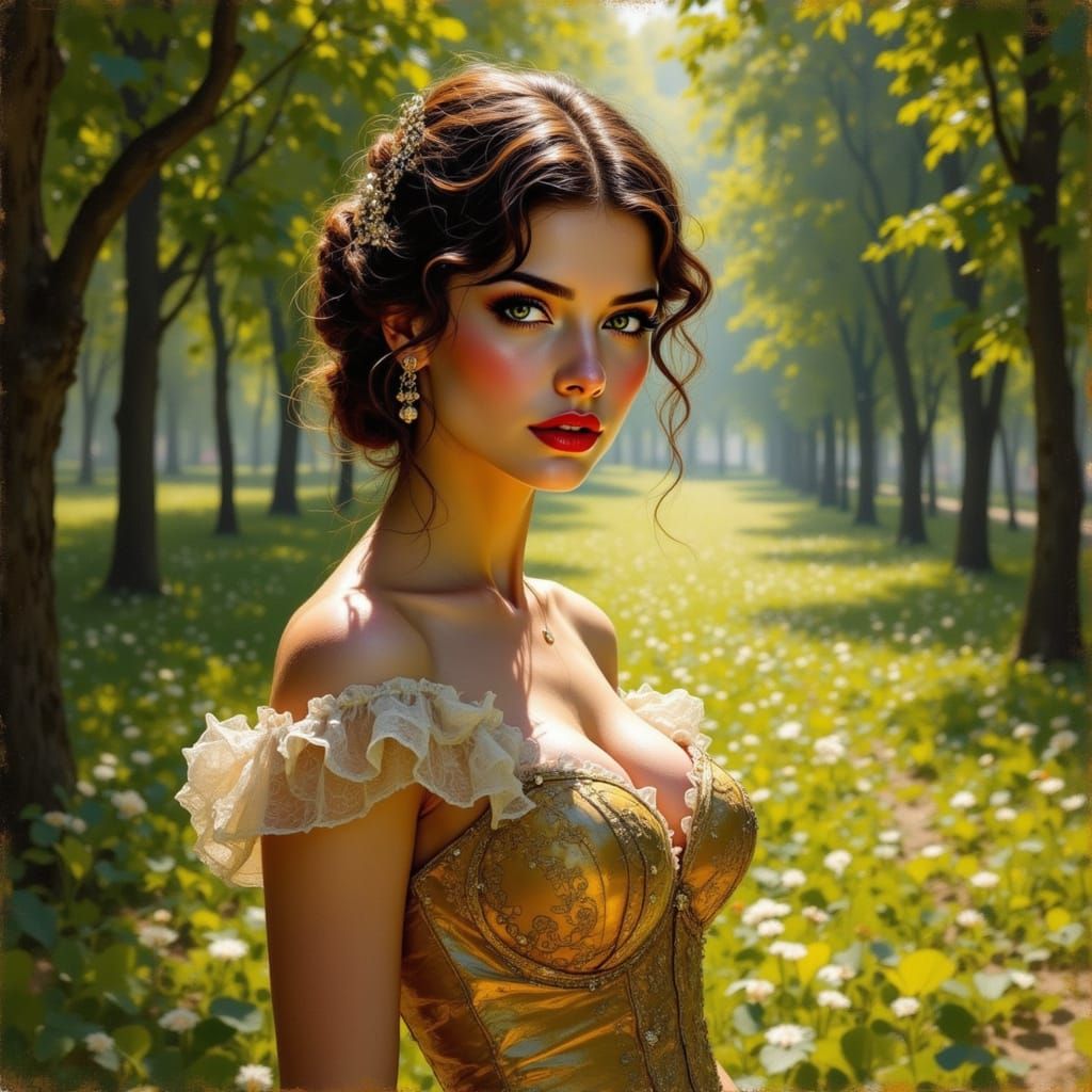 Tsarina Evdokija in Golden Attire, Sunlight in Park